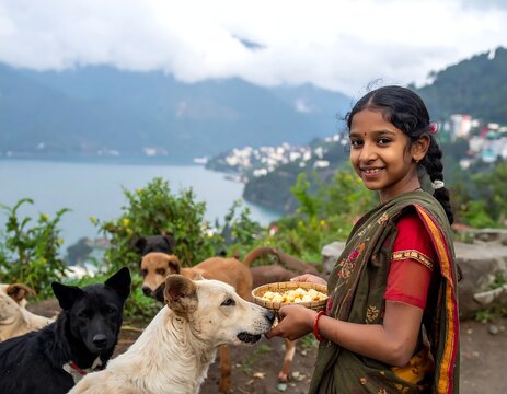 Smiling Young Girl Feeding Stray Dog on Misty Hillside Overlooking Mountain Lake
