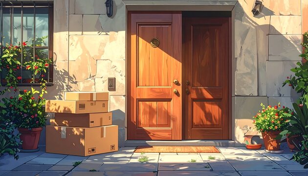 An illustration depicts a sunlit entrance to a home, with an open door and stacked cardboard boxes on the porch