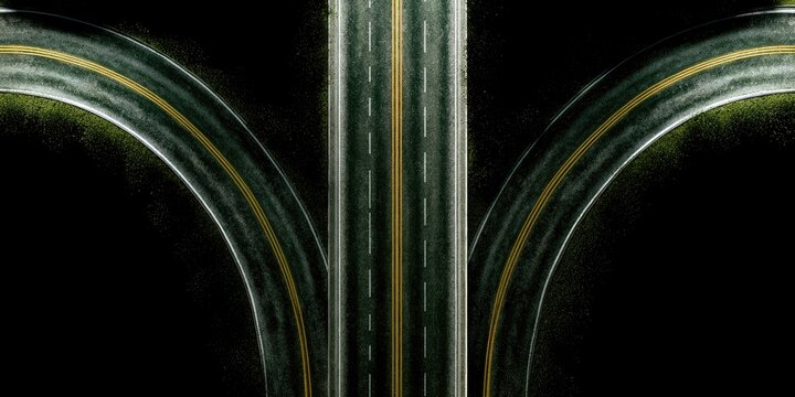 A fork in the road splits into three distinct paths with yellow lines
