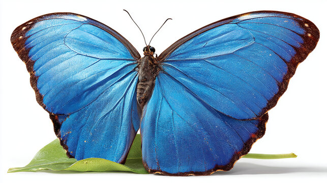Blue morpho butterfly resting on a green leaf with white background, butterfly