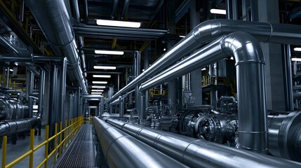 Obraz premium An expansive view of industrial metal piping and structural framework within a dimly lit factory environment