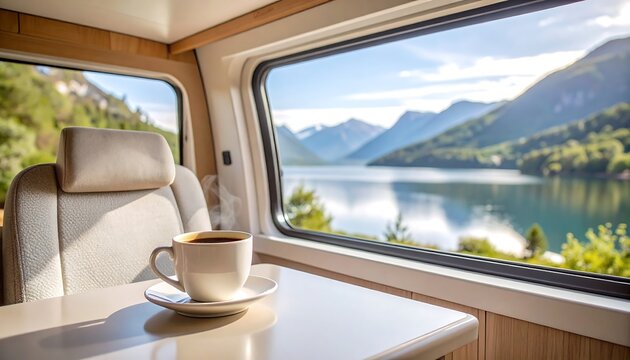Aesthetic camper van interior with lakes and mountain view with a cup of coffee