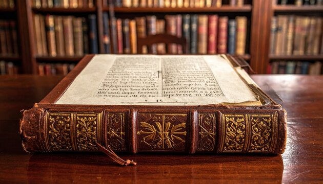 An ornate leather-bound medieval codex open to a page with aged text, resting on a wooden surface in a library