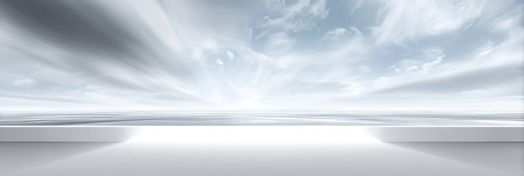 Minimalist white platform overlooking vast horizon with soft clouds and reflective water surface ideal for product presentation and futuristic architectural visualization