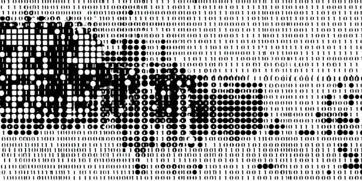 Abstract mosaic of dots and binary code, black and white