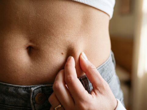 woman pinching skin on abdomen medical examination