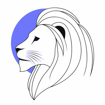 Minimalist continuous line drawing of lion head profile in blue and white vector illustration