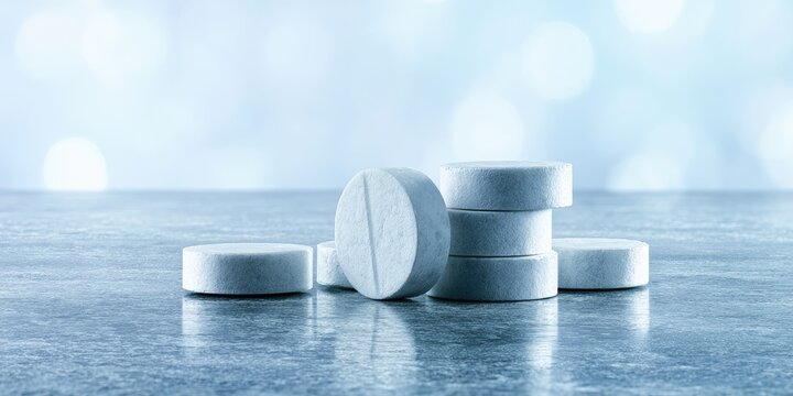 White round tablets stacked and scattered on a reflective surface