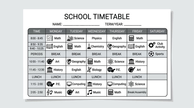 Monochrome school timetable chart with icons on white background