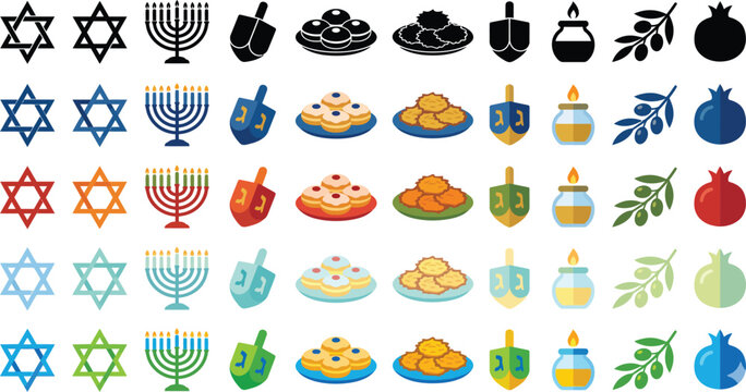 Jewish Symbols and Objects in Various Colors and Styles Featuring Star of David, Menorah, Dreidel with Pomegranate and Olive Branch Elements for Oil