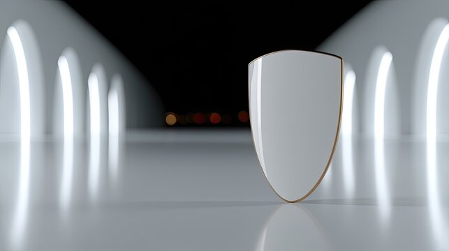Gleaming white shield with gold trim stands in a futuristic, illuminated hallway