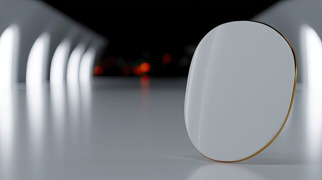 Smooth, reflective oval object with gold trim in futuristic, illuminated corridor