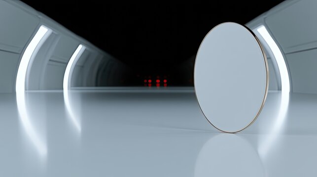 Futuristic tunnel with glowing lights and a large, blank, circular object