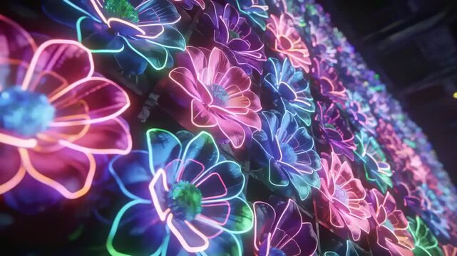 Tracking camera showcasing wall-mounted repeating neon floral sculptures in gallery, lights pulsing