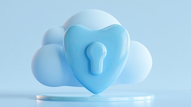 Blue heart-shaped lock with keyhole over soft cloud forms