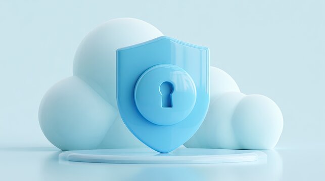 A 3D rendered blue shield with a keyhole symbol sits protectively on a platform