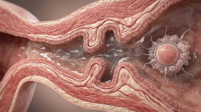 Biological life commence: human reproduce, sperm navigate, ovum fertilize, embryo develop, female system, internal view, uterine process, early conceive, egg cell.