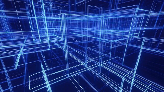 Futuristic tech abstract art, glowing blue and white lines form complex cuboid structure network, dark blue gradient black background, overlapping cross lines creating depth and motion, digital city a