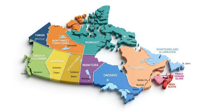 3D Colorful Provinces Map of Canada with Regions