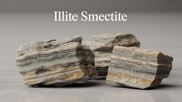 Illite Smectite mineral rocks with layered texture and earthy tones on a gray surface