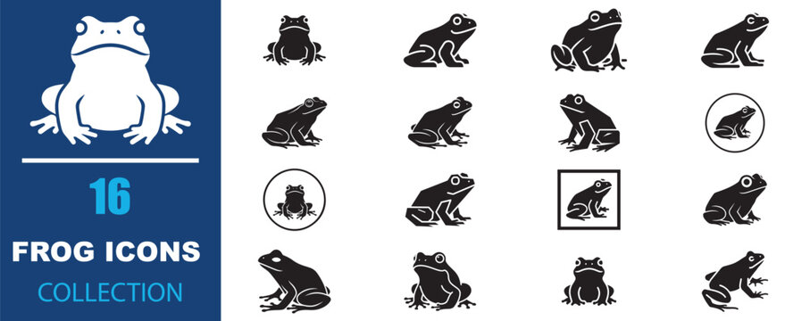 Frog icon collection, 16 black toad silhouettes and amphibian vector symbols, minimalist nature wildlife graphics for logo design