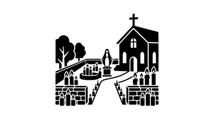 Fototapeta premium A black and white silhouette illustration of a church with a shrine and candles.