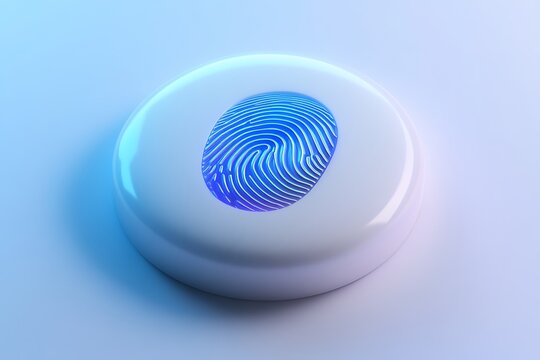 Glowing white button with blue fingerprint scan, on gradient background, biometric security
