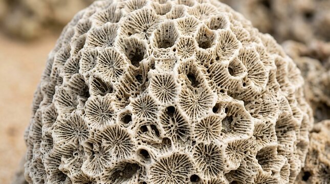 Close up of a textured coral fossil on a sandy beach.