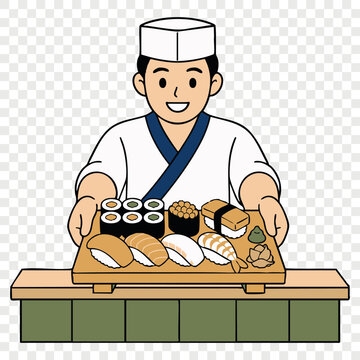Smiling sushi chef presenting a tray of fresh rolls and traditional food in a professional white uniform