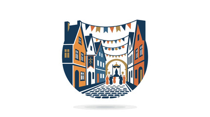 Illustration of a charming European street decorated with festive bunting and traditional architecture. © Robidubillah