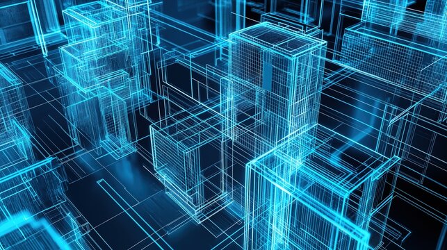 Futuristic tech abstract art, glowing blue and white lines form complex cuboid structure network, dark blue gradient black background, overlapping cross lines creating depth and motion, digital city a