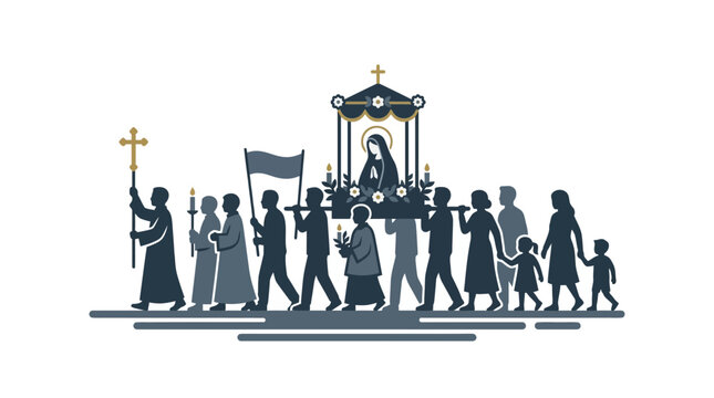 Silhouetted procession of people carrying a religious statue in a traditional parade.