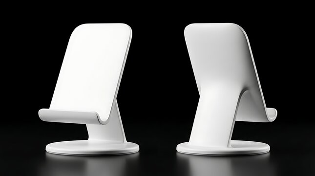 Two white empty smartphone stands for wireless charging isolated on black background for digital gadget presentation setup