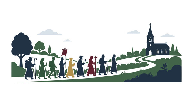A procession of religious figures walking along a path towards a church building.