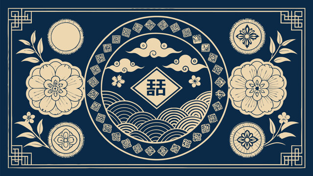 Traditional chinese style background with floral patterns, clouds, and waves in a circular frame