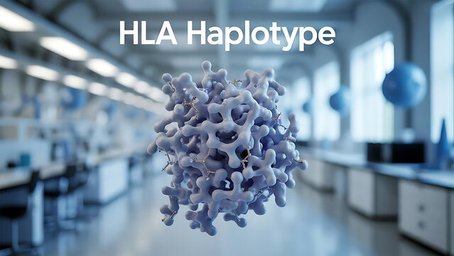 HLA haplotype molecular structure in a laboratory setting with blurred background of counters and windows