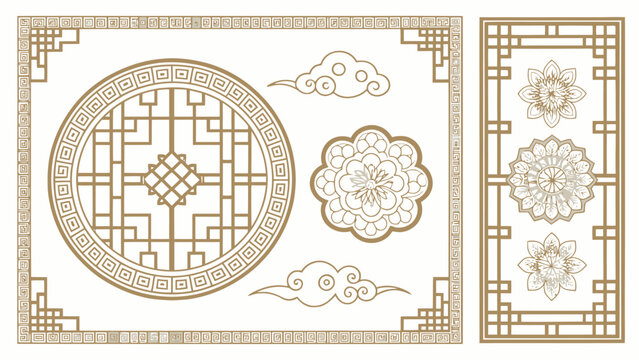 Traditional chinese decorative elements set with round window frame, floral patterns and clouds