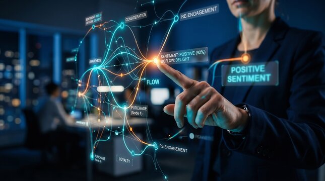 Businesswoman interacting with digital consumer sentiment data analytics interface