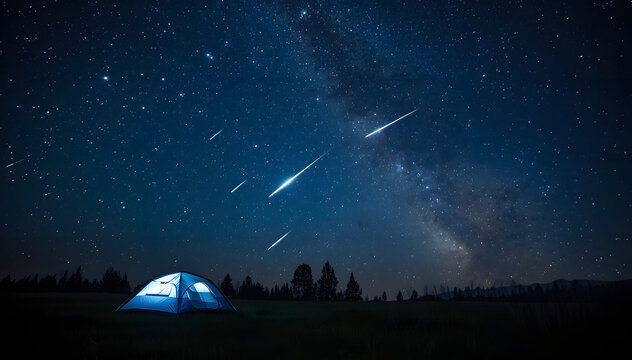 Camping under the Perseid Meteor Shower, a starry night sky with shooting stars and a glowing tent