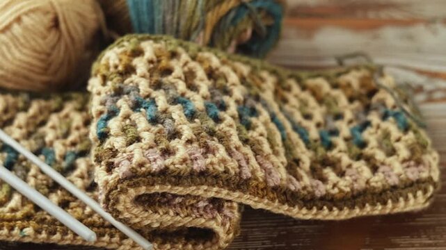 Close-up pan of colorful yarn balls, a crochet hook, and a textured mosaic crochet swatch on a rustic wooden surface. Perfect for crafting backgrounds.