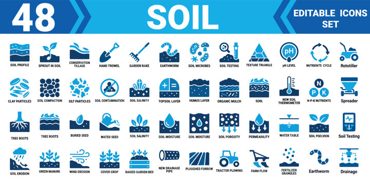 Solid soil icon set, 48 editable vector illustration mega pack for agriculture and gardening