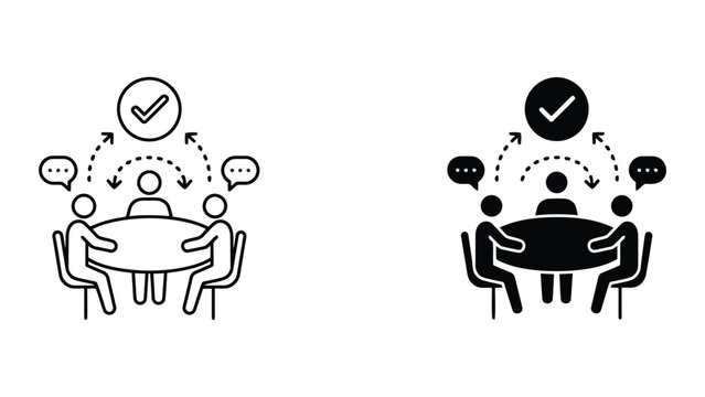 Team meeting agreement and communication icon set with speech bubbles and checkmark for corporate consensus