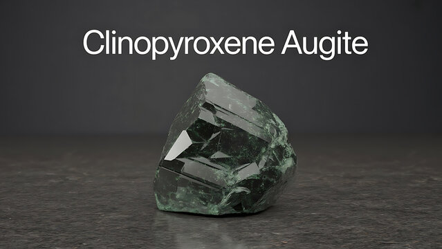 Clinopyroxene Augite mineral specimen on dark surface with gray background