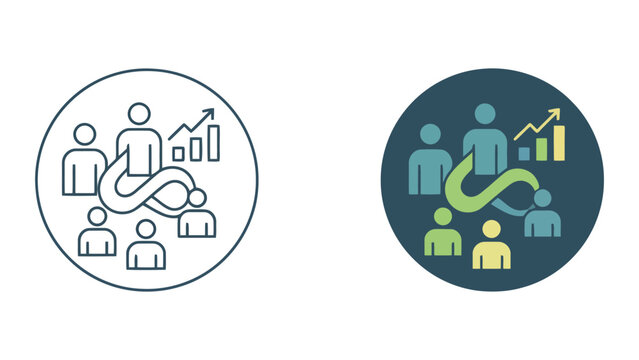 Business growth strategy and infinity process icon set featuring team and rising bar chart for long term corporate development and sustainable management visualization