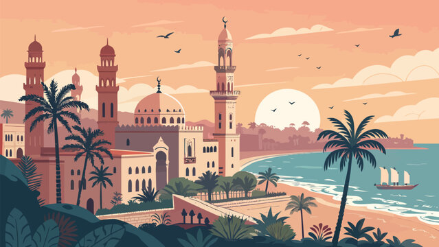 Coastal mosque architecture at sunset with palm trees and traditional sailboat