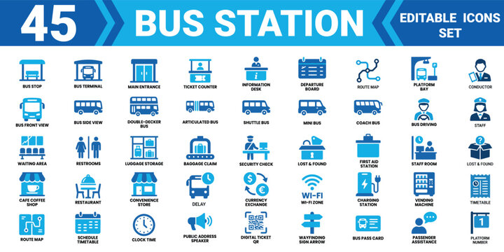 Bus station icon set editable vector illustration mega pack with 45 solid icons