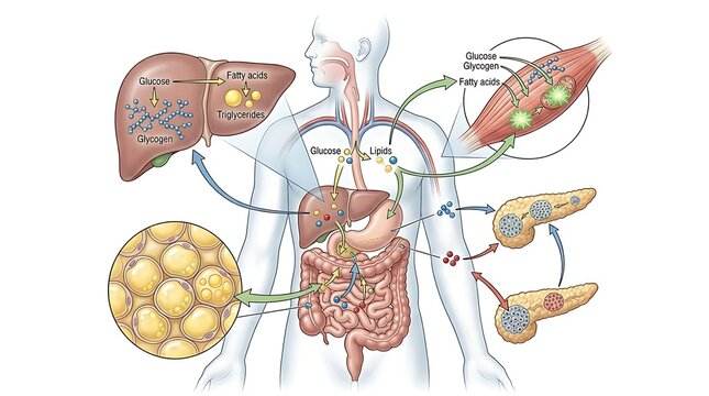 Human metabolism and energy storage in organs
