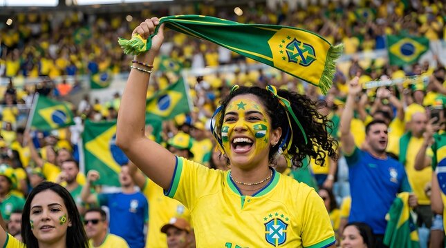 Enthusiastic Brazilian football fan cheering loudly in a stadium, wearing a yellow jersey and face paint, surrounded by a jubilant crowd.