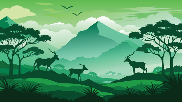 African savanna landscape vector illustration with antelopes and rolling hills under a stylized sky