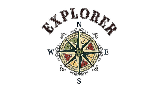 Vintage compass rose with explorer text isolated on a transparent background, vintage explorer text, retro directional arrows
